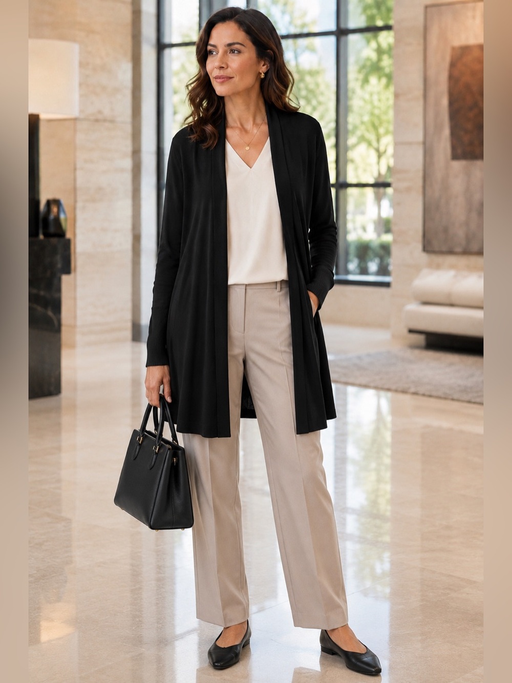 Eileen Fisher NWOT Black Long Open Front Cardigan Duster Size M Ribbed Cuffs